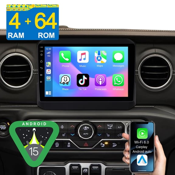 Asure 9" Touchscreen Android 15 4+64GB Car Radio for Jeep Wrangler JL (2018-2022) with Apple CarPlay/GPS Nav/Wi-Fi/BT 5.4/DSP/1280x800