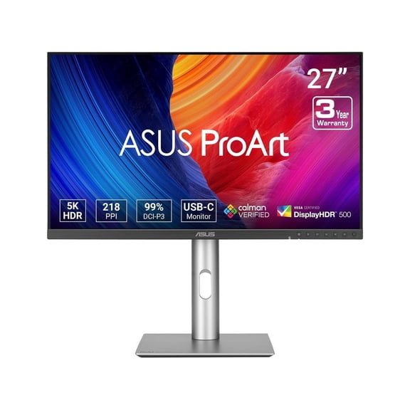 ASUS ProArt Display 27" 5K HDR Professional Monitor (PA27JCV) - 5K (5120 x 2880), IPS, 99% DCI-P3, 100% sRGB? ?E < 2, USB-C PD 96W, Calman Verified, Color accurate, Auto KVM, LuxPixel