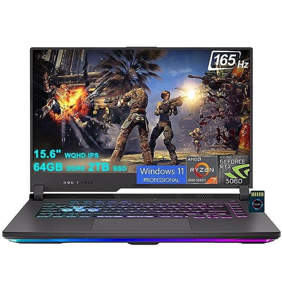 Asus ROG Strix G15 Gaming Laptop | 15.6" WQHD 165Hz 100% DCI-P3 | AMD 8-Core Ryzen 7 6800H (>i7-11370H) | 64GB DDR5 2TB SSD | GeForce RTX 3060 6GB Graphics | USB-C Backlit Win11Pro + 32GB MicroSD Card