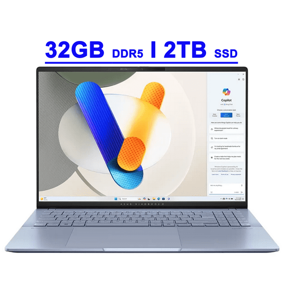 Asus Vivobook S16 Premium AI PC Laptop 16" 2.8k OLED 120Hz (600nits, 100% DCI-P3) Intel 16-core Ultra 9 285H 32GB DDR5 2TB SSD RGB Backlit Harman/kardon Wi-Fi7 FHD IR Privacy Camera Win11 Copilot+ AI