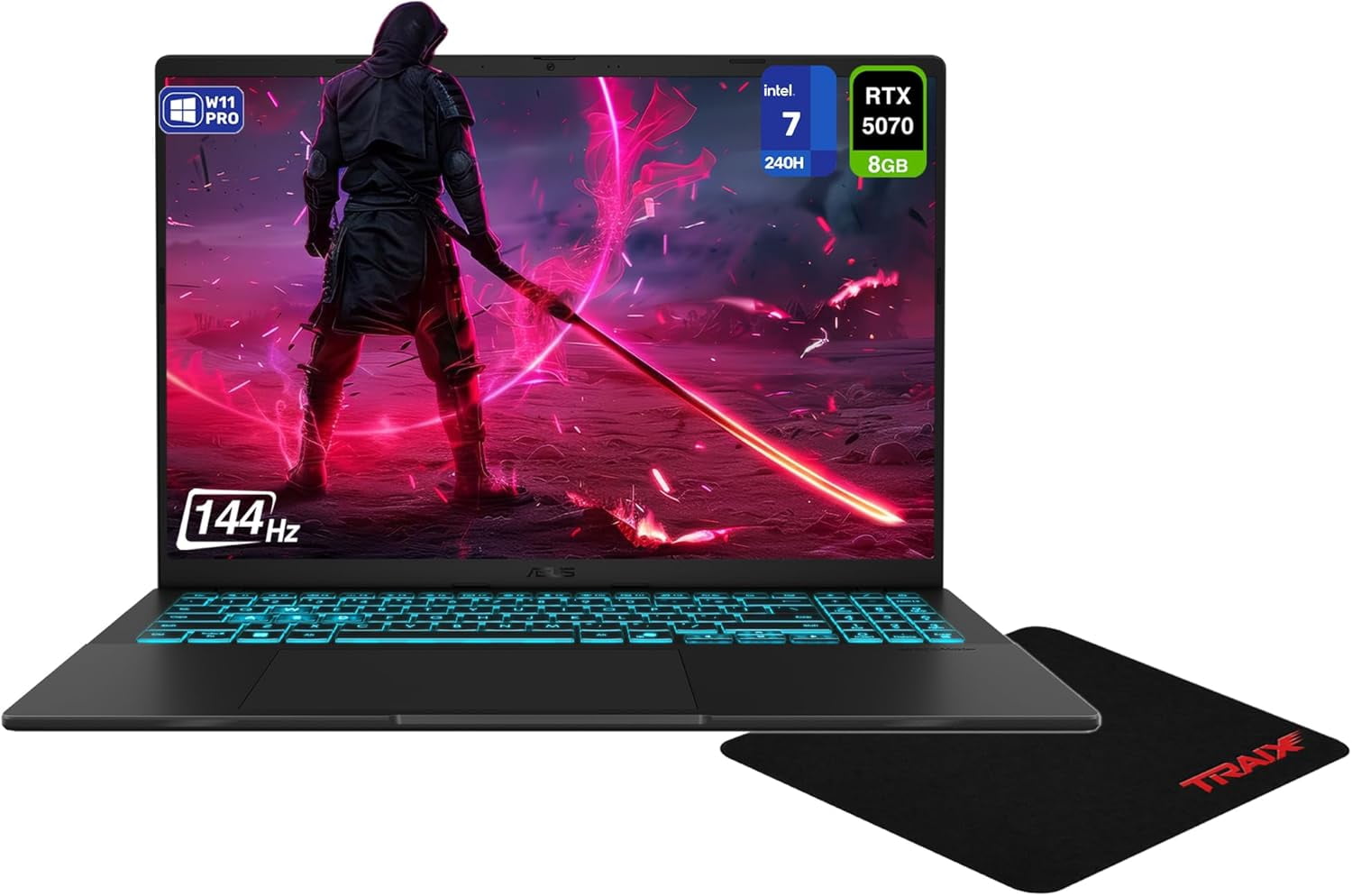 Asus Vivobook V16 Gaming Laptop, Intel 7-240H, 64 GB DDR5 RAM, 4 TB PCIe SSD, 16" WUXGA (1920x1200) 144Hz Display, NVIDIA G-Force RTX 5070 , Backlit Chiclet Keyboard, W11 Pro, Black + Traix MousePad