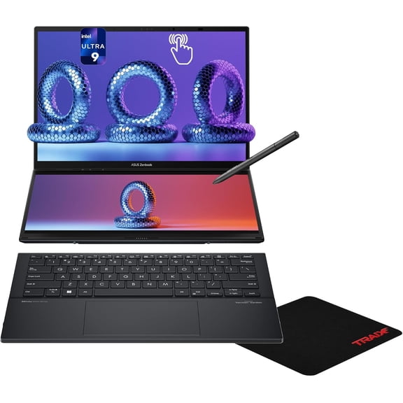 Asus Zenbook Duo Dual Laptop, Intel Ultra 9-185H, 16 GB LPDDR5X RAM, 1 TB PCIe SSD, 14'' WUXGA (1980x1200) OLED Touchscreen, Intel Arc Graphics, Soft Keyboard, W11 Home, Inkwell Gray + Traix MousePad