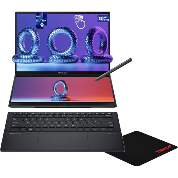 Asus Zenbook Duo Dual Laptop, Intel Ultra 9-185H, 16 GB LPDDR5X RAM, 2 TB PCIe SSD, 14'' WUXGA (1980x1200) OLED Touchscreen, Intel Arc Graphics, Soft Keyboard, W11 Pro, Inkwell Gray + Traix MousePad