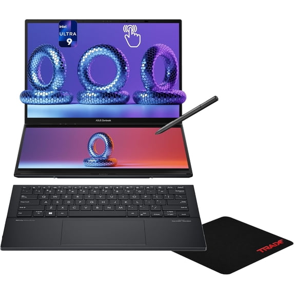 Asus Zenbook Duo Dual Laptop, Intel Ultra 9-185H, 16 GB LPDDR5X RAM, 4 TB PCIe SSD, 14'' WUXGA (1980x1200) OLED Touchscreen, Intel Arc Graphics, Soft Keyboard, W11 Home, Inkwell Gray + Traix MousePad