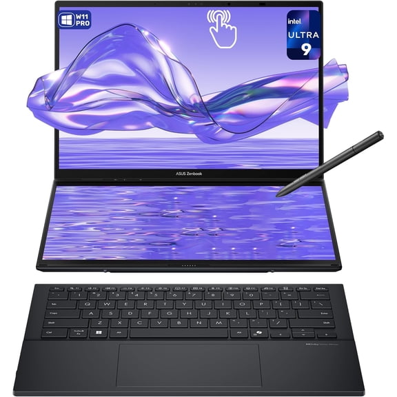Asus Zenbook Duo Dual Laptop, Intel Ultra 9-285H, 32 GB LPDDR5X RAM, 1 TB PCIe SSD, 14'' 3K (2880x1800) OLED Touchscreen, Intel Arc Graphics, Backlit Keyboard, W11 Pro, Inkwell Gray