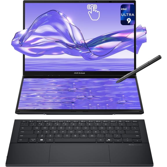 Asus Zenbook Duo Dual Laptop, Intel Ultra 9-285H, 32 GB LPDDR5X RAM, 1 TB PCIe SSD, 14'' 3K (2880x1800) OLED Touchscreen, Intel Arc Graphics, Backlit Keyboard, W11 Home, Inkwell Gray