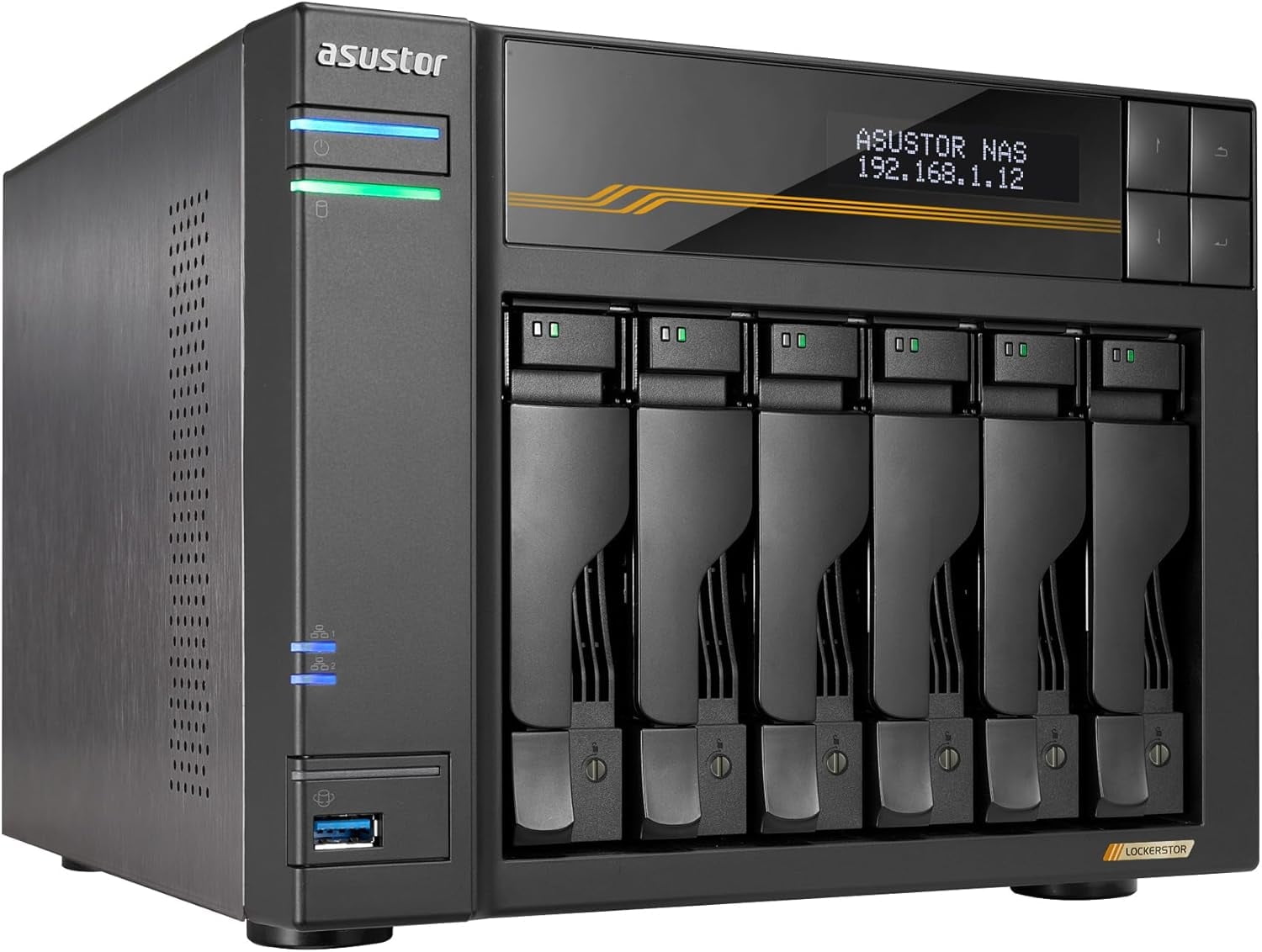 Asustor Lockerstor 6 Gen3 AS6806T 6 Bay NAS, AMD Ryzen Quad-Core 2.3 GHz, 16GB RAM ECC DDR5, 4 M.2 NVMe Slots, Dual 5GbE and Dual 10GbE Port, USB 4.0 Type-C, Network Attached Storage (Diskless) - R...