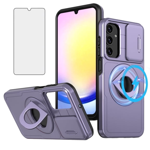 Asuwish Camera Cover, Ring Holder Rugged Cell Phone Case with Tempered Glass Screen Protector for Samsung Galaxy A14, Purple