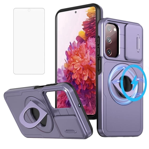 Asuwish Camera Cover, Ring Holder Rugged Cell Phone Case with Tempered Glass Screen Protector for Samsung Galaxy S20 FE, Purple