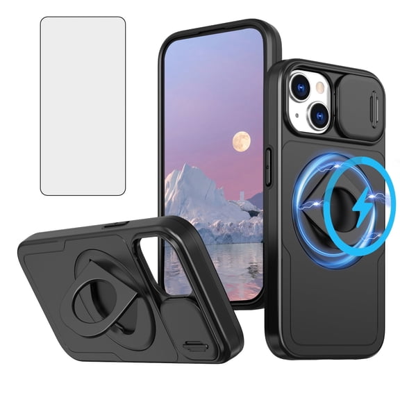 Asuwish Camera Cover, Ring Holder Rugged Cell Phone Case with Tempered Glass Screen Protector for iPhone 15, Black