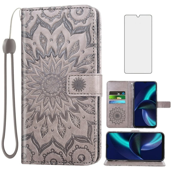 Asuwish Compatible with BLU View Speed 5G (b1550vl) Wallet Phone Case and Tempered Glass Screen Protector Flip Credit Card Holder Stand Mandala Flower Cell Cover for Speed5g Women Men Gray