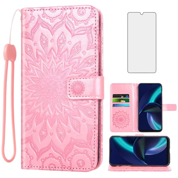Asuwish Compatible with BLU View Speed 5G (b1550vl) Wallet Phone Case and Tempered Glass Screen Protector Flip Credit Card Holder Stand Mandala Flower Cell Cover for Speed5g Women Men Pink
