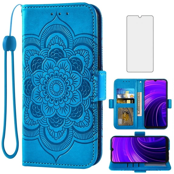 Asuwish Compatible with BLU View Speed 5G (b1550vl) Wallet Phone Case and Tempered Glass Screen Protector Flip Credit Card Holder Stand Mandala Flower Cell Cover for Women Men Blue