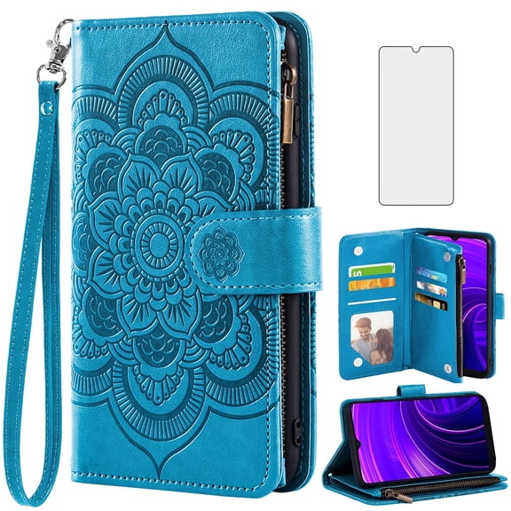 Asuwish Compatible with BLU View Speed 5G (b1550vl) Wallet Phone Case and Tempered Glass Screen Protector Flower Faux Leather Flip Credit Card Holder Stand Zipper Cell Cover for Women Blue