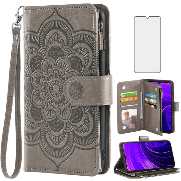 Asuwish Compatible with BLU View Speed 5G (b1550vl) Wallet Phone Case and Tempered Glass Screen Protector Flower Faux Leather Flip Credit Card Holder Stand Zipper Cell Cover for Women Grey