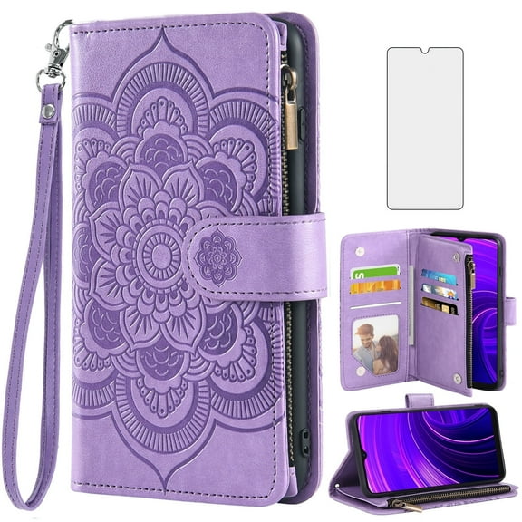 Asuwish Compatible with BLU View Speed 5G (b1550vl) Wallet Phone Case and Tempered Glass Screen Protector Flower Faux Leather Flip Credit Card Holder Stand Zipper Cell Cover for Women Purple