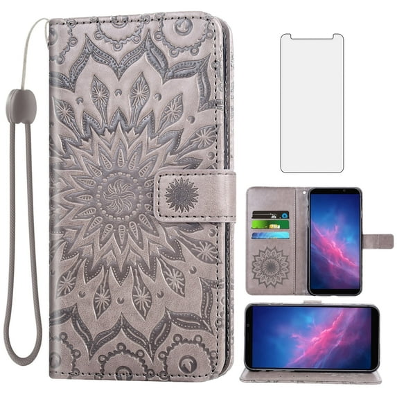 Asuwish Compatible with Cloud Mobile Stratus C7 Wallet Phone Case and Tempered Glass Screen Protector Flip Credit Card Holder Stand Mandala Flower Cell Cover for C_7 C 7 Women Men Gray