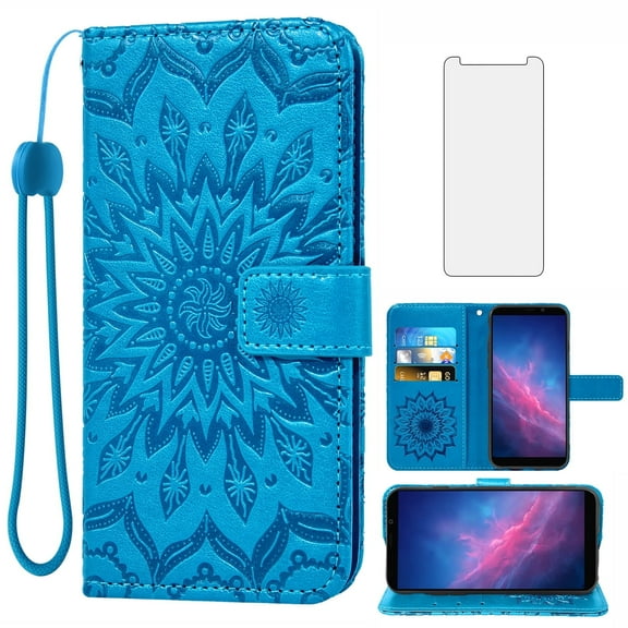 Asuwish Compatible with Cloud Mobile Stratus C7 Wallet Phone Case and Tempered Glass Screen Protector Flip Credit Card Holder Stand Mandala Flower Cell Cover for C_7 C 7 Women Men Blue
