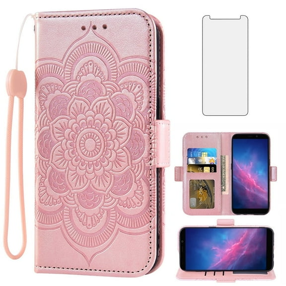 Asuwish Compatible with Cloud Mobile Stratus C7 Wallet Phone Case and Tempered Glass Screen Protector Flip Credit Card Holder Stand Wrist Strap Mandala Flower Cell Cover for C_7 C 7 Women Men Pink