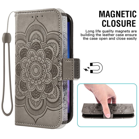 Asuwish Compatible with Cloud Mobile Stratus C7 Wallet Phone Case and Tempered Glass Screen Protector Flip Credit Card Holder Stand Wrist Strap Mandala Flower Cell Cover for C_7 C 7 Women Men Gray