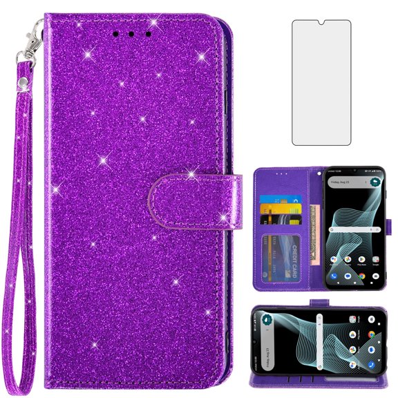 Asuwish Compatible with Cricket Icon 6 SL219C/AT&T Verge SL219A Wallet Phone Case and Tempered Glass Screen Protector Flip Credit Card Holder Stand Bling Glitter Cell Cover for Icon6/ATT Women Purple