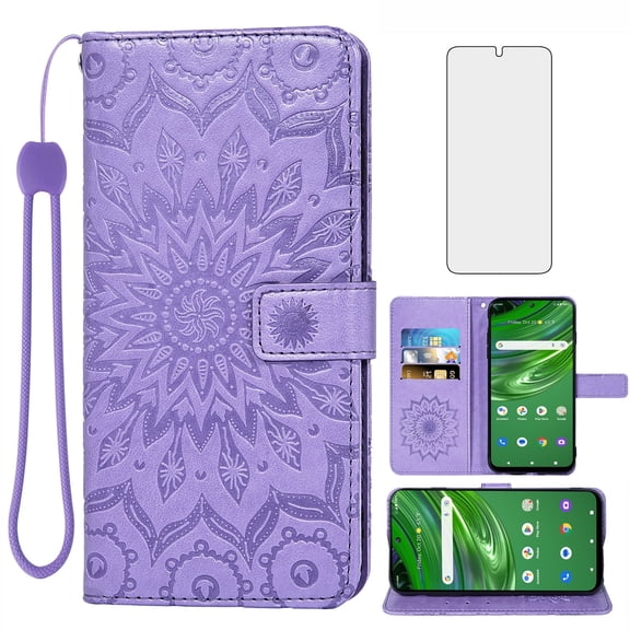 Asuwish Compatible with Cricket Outlast 4G U680AC Wallet Phone Case and Tempered Glass Screen Protector Flip Credit Card Holder Stand Mandala Flower Cell Cover for AT&T ATT Jetmore Women Men Purple