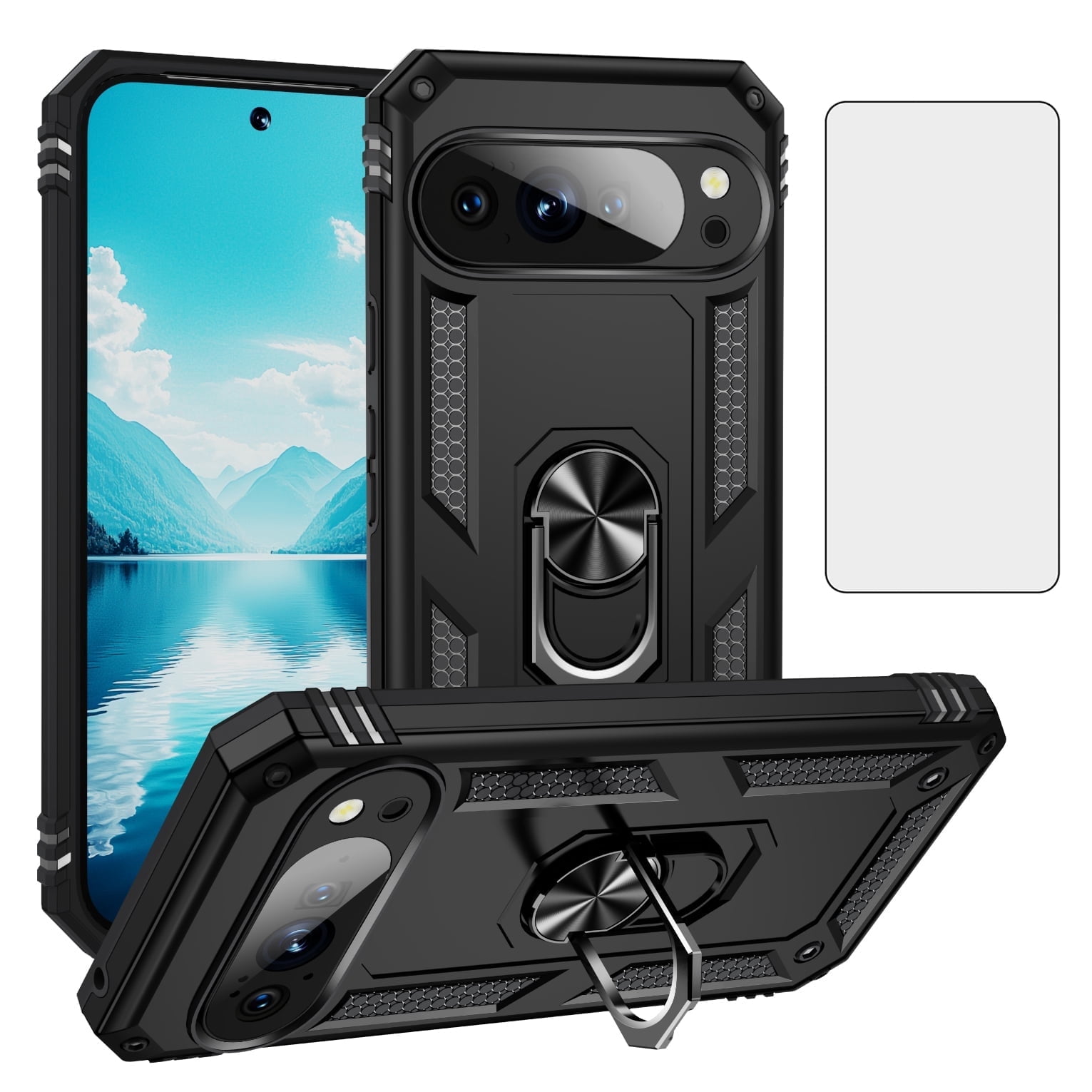 Asuwish Cover per Google Pixel 4 XL con Pellicola Vetro Temperato Vetrino Magnetica Anello Supporto Resistente Protettiva Protezione TPU Silicone Pixel4XL 4XL Custodia Case Maschio Ragazza Nero
