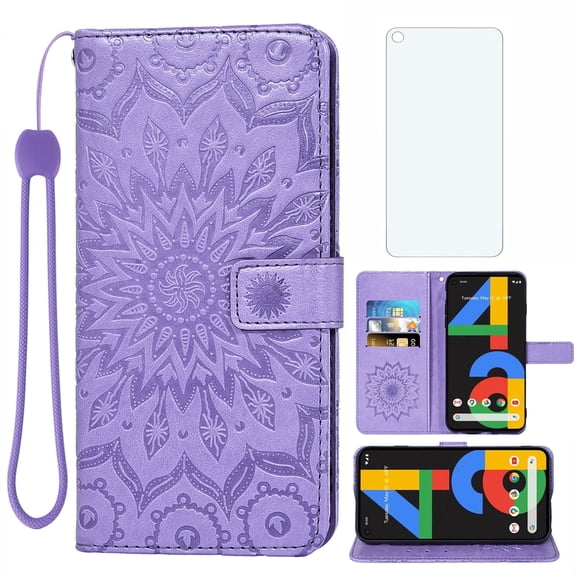 Asuwish Compatible with Google Pixel 4a 4G Wallet Phone Case and Tempered Glass Screen Protector Flip Credit Card Holder Stand Mandala Flower Cell Cover for Pixel4a Pixle a4 5.8 2020 Women Men Purple