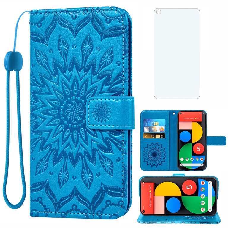 COTDINFOR Case for Google Pixel 5 Custodia per Girls Elegant Lucky Flowers Shockproof PU Leather Card Holder Magnetic Lock Phone Cover per Google Pixel 5 Case Blue Mandala LD