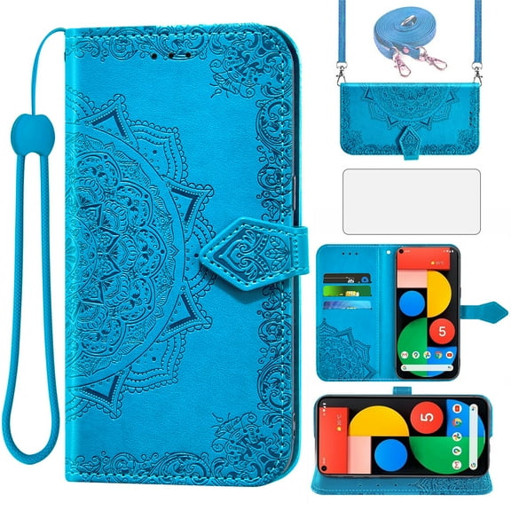 Asuwish Phone Case for Google Pixel 5 Wallet PU Cell Cover with Tempered Glass Screen Protector Flip Lanyard Wrist Strap Credit Card Holder Stand Mandala Flower Pixel5 5G Pixle Five G5 Women Men Blue