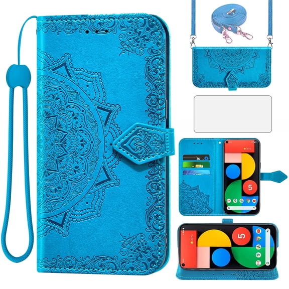 Asuwish Screen Protector Included Mandala Flower Hard Shell Wallet Cell Phone Case with Tempered Glass Screen Protector for Google Pixel 5, Blue