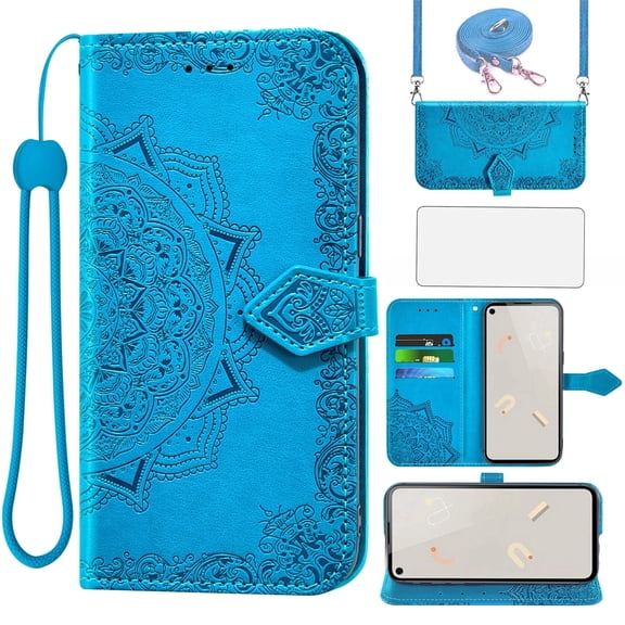 Asuwish Screen Protector Included Mandala Flower Hard Shell Wallet Cell Phone Case with Tempered Glass Screen Protector for Google Pixel 5A, Blue