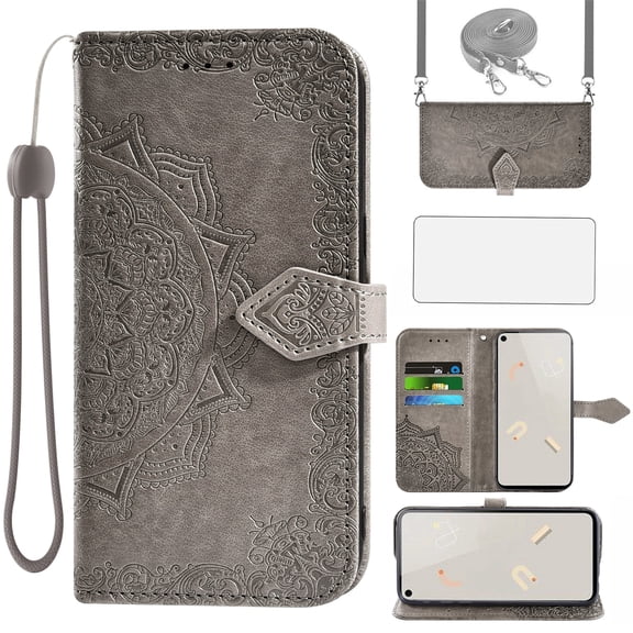 Asuwish Screen Protector Included Mandala Flower Hard Shell Wallet Cell Phone Case with Tempered Glass Screen Protector for Google Pixel 5A, Gray