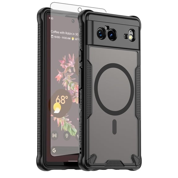 Asuwish Compatible with Google Pixel 6 Phone Case Tempered Glass Screen Protector Slim Magnetic Translucent Matte Back Shockproof Hybrid Protective Cell Cover for Pixel6 Pixle Six Women Men Black