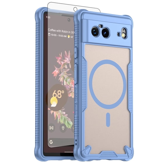 Asuwish Compatible with Google Pixel 6 Phone Case Tempered Glass Screen Protector Slim Magnetic Translucent Matte Back Shockproof Hybrid Protective Cell Cover for Pixel6 Pixle Six Women Men Blue