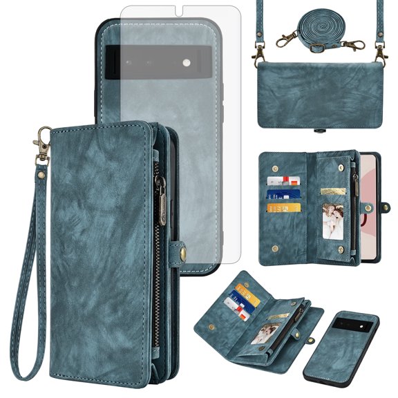 Asuwish Compatible with Google Pixel 6 Phone Case Zipper Wallet Detachable Tempered Glass Screen Protector Crossbody Lanyard Strap Flip Card Holder Cell Cover for Pixel6 Pixle Six Women Girls Blue