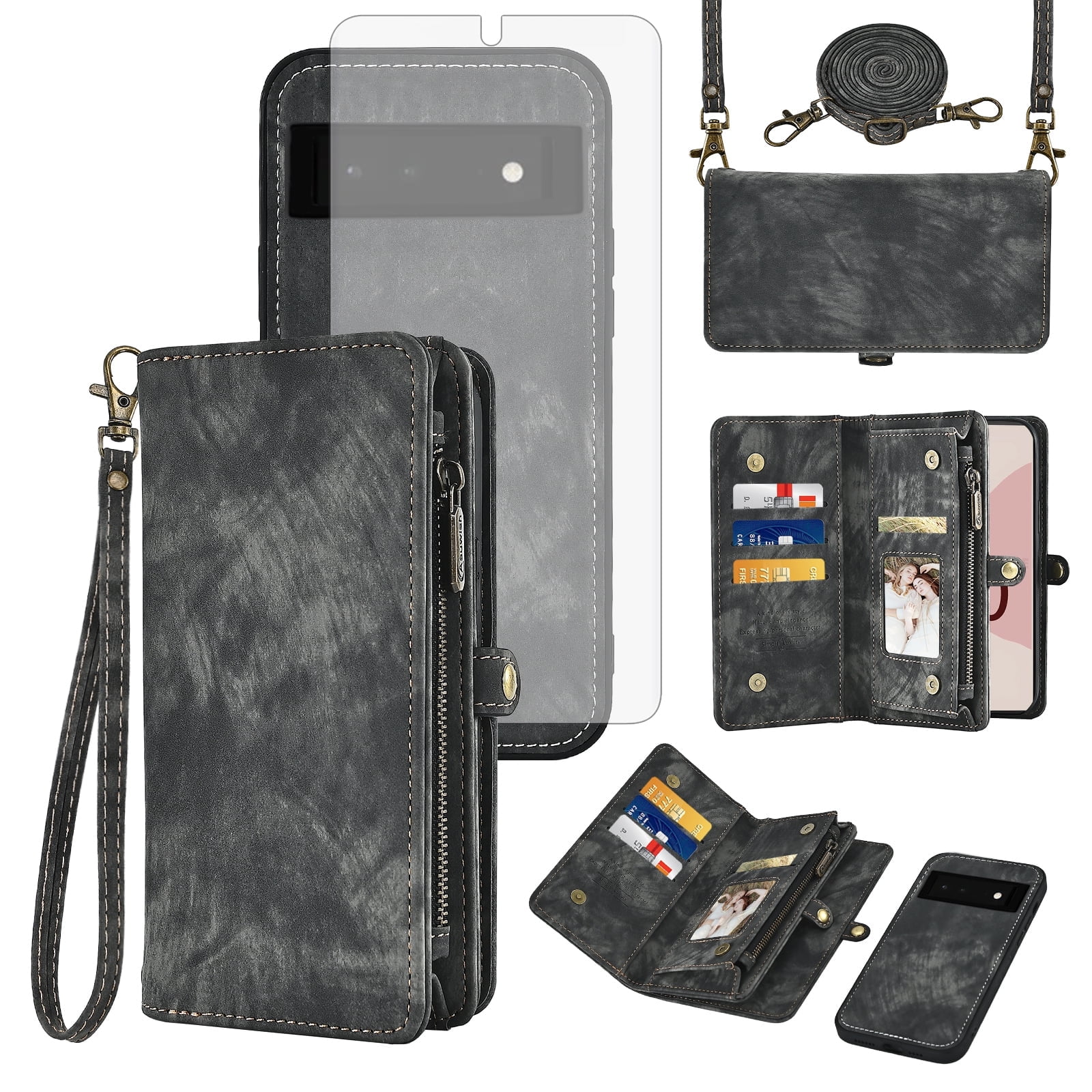 Asuwish Compatible with Google Pixel 6 Phone Case Zipper Wallet Detachable Tempered Glass Screen Protector Crossbody Lanyard Strap Flip Card Holder Cell Cover for Pixel6 Pixle Six Women Girls Black