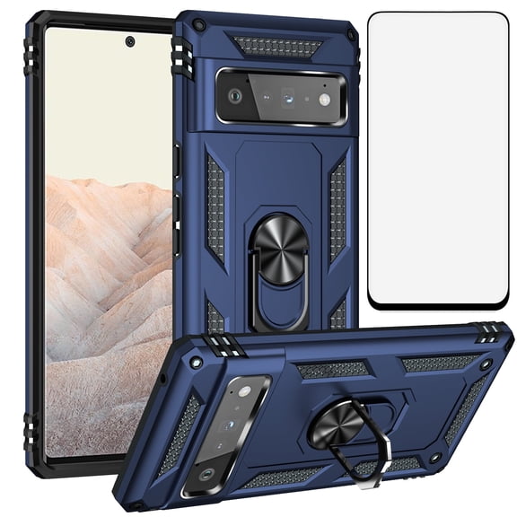 Asuwish Compatible with Google Pixel 6 Pro Phone Case Tempered Glass Screen Protector Slim Magnetic Ring Holder Stand Hybrid Protective Cell Cover for Pixel6Pro Pixel6 XL 6XL 6Pro 5G Women Men Blue