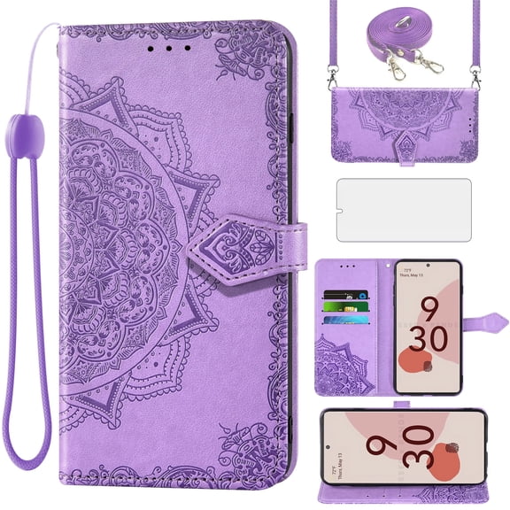 Asuwish Screen Protector Included Mandala Flower Hard Shell Wallet Cell Phone Case with Tempered Glass Screen Protector for Google Pixel 6, Purple
