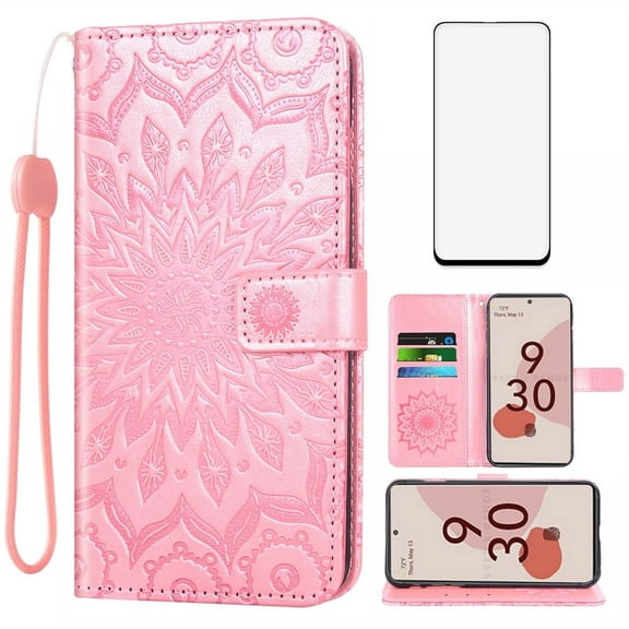 Asuwish Compatible with Google Pixel 6 Wallet Phone Case and Tempered Glass Screen Protector Flip Credit Card Holder Stand Mandala Flower Cell Cover for Pixel6 Pixle Six Women Men Pink
