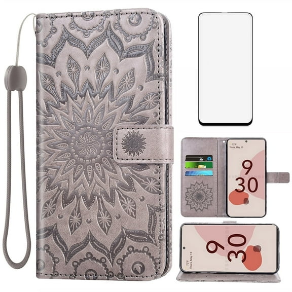 Asuwish Compatible with Google Pixel 6 Wallet Phone Case and Tempered Glass Screen Protector Flip Credit Card Holder Stand Mandala Flower Cell Cover for Pixel6 Pixle Six Women Men Gray