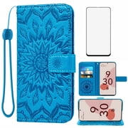 Asuwish Compatible with Google Pixel 6 Wallet Phone Case and Tempered Glass Screen Protector Flip Credit Card Holder Stand Mandala Flower Cell Cover for Pixel6 Pixle Six Women Men Blue