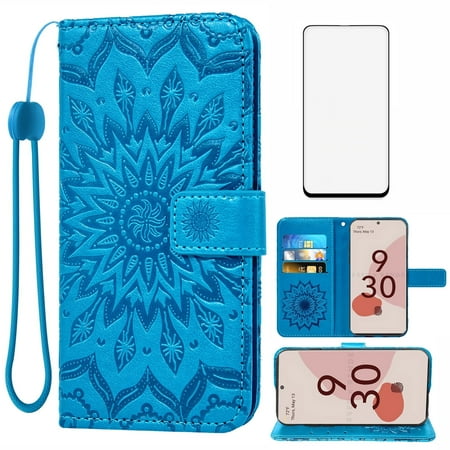 Asuwish Compatible with Google Pixel 6 Wallet Phone Case and Tempered Glass Screen Protector Flip Credit Card Holder Stand Mandala Flower Cell Cover for Pixel6 Pixle Six Women Men Blue