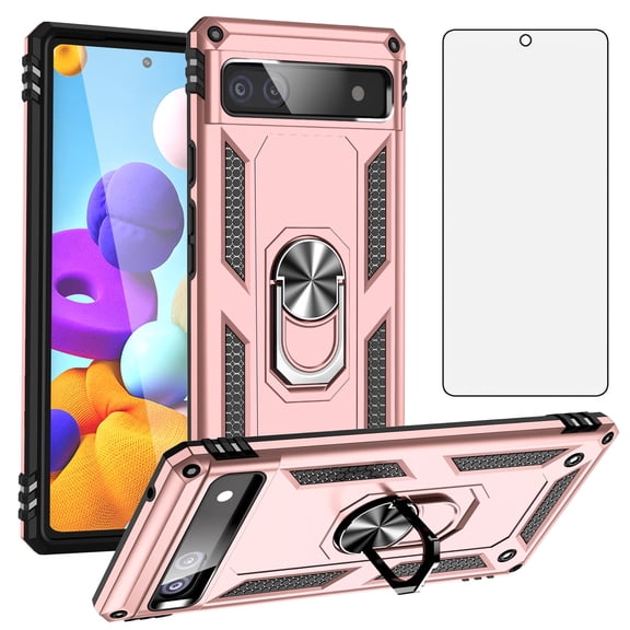 Asuwish Compatible with Google Pixel 6A 5G 2022 Phone Case Tempered Glass Screen Protector Slim Magnetic Ring Holder Stand Hybrid Protective Cell Cover for Pixel6A A6 Women Men Pink