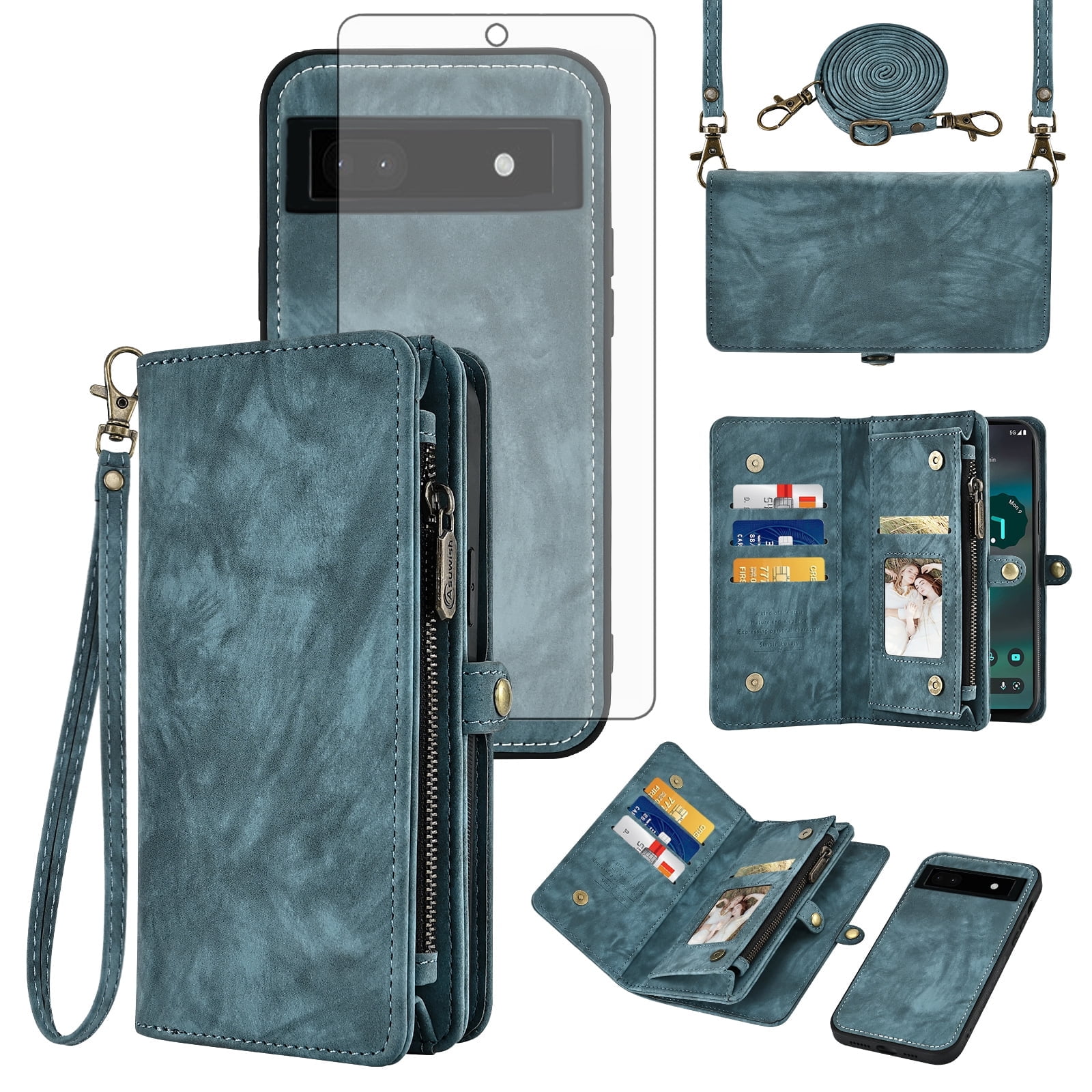 Asuwish Compatible with Google Pixel 6A 5G 2022 Phone Case Zipper Wallet Detachable Tempered Glass Screen Protector Crossbody Lanyard Strap Flip Card Holder Cell Cover for Pixel6A A6 Women Girls Blue