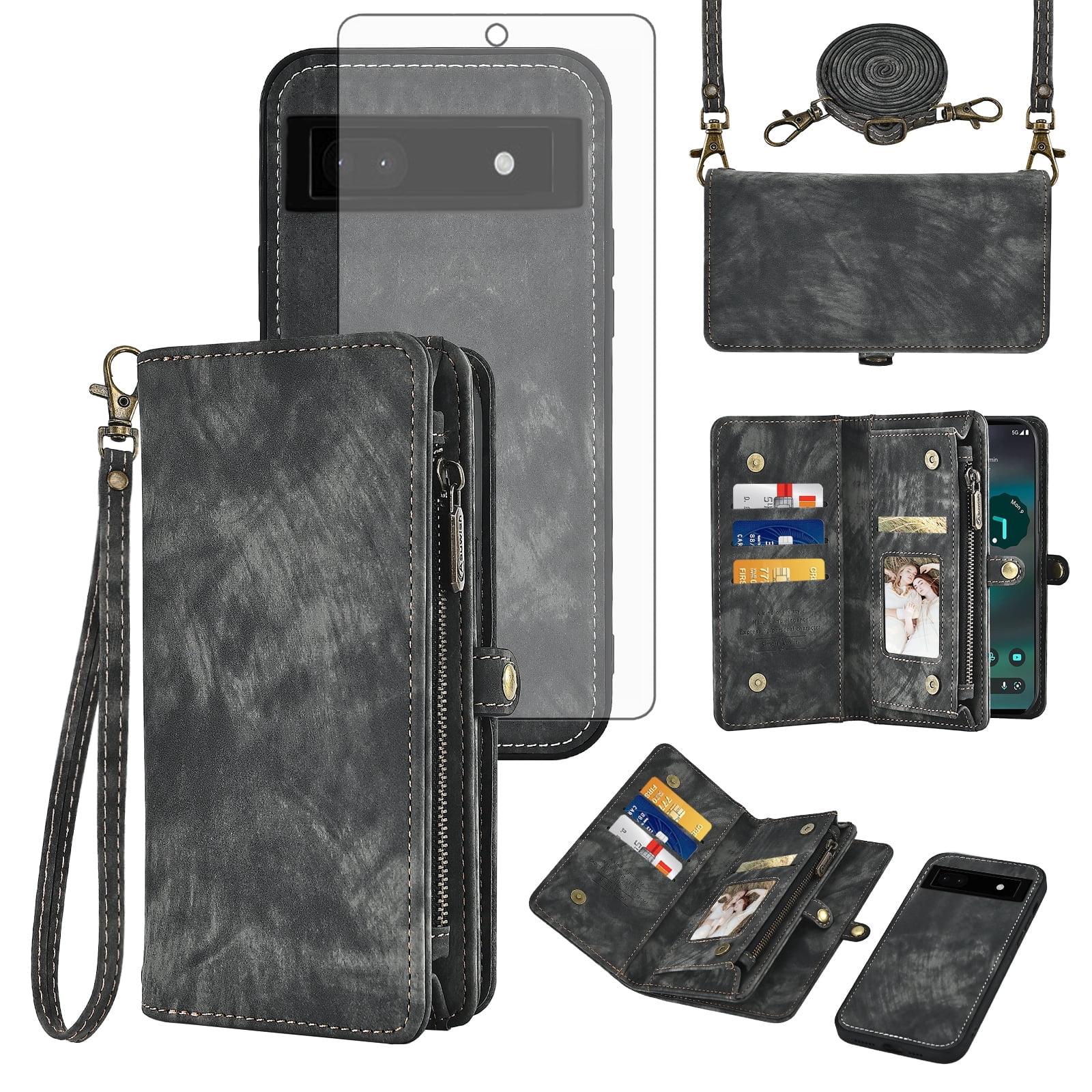 Asuwish Compatible with Google Pixel 6A 5G 2022 Phone Case Zipper Wallet Detachable Tempered Glass Screen Protector Crossbody Lanyard Strap Flip Card Holder Slot Cell Cover for Pixel6A A6 Women Black
