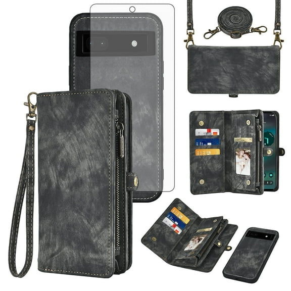 Asuwish Compatible with Google Pixel 6A 5G 2022 Phone Case Zipper Wallet Detachable Tempered Glass Screen Protector Crossbody Lanyard Strap Flip Card Holder Slot Cell Cover for Pixel6A A6 Women Black