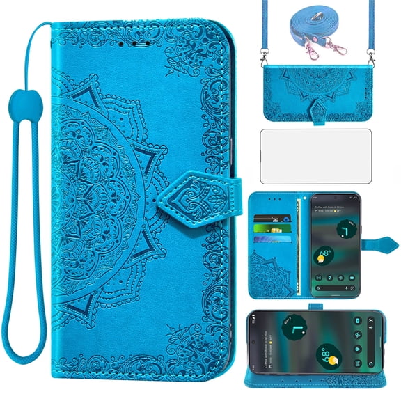 Asuwish Screen Protector Included Mandala Flower Hard Shell Wallet Cell Phone Case with Tempered Glass Screen Protector for Google Pixel 6A, Blue