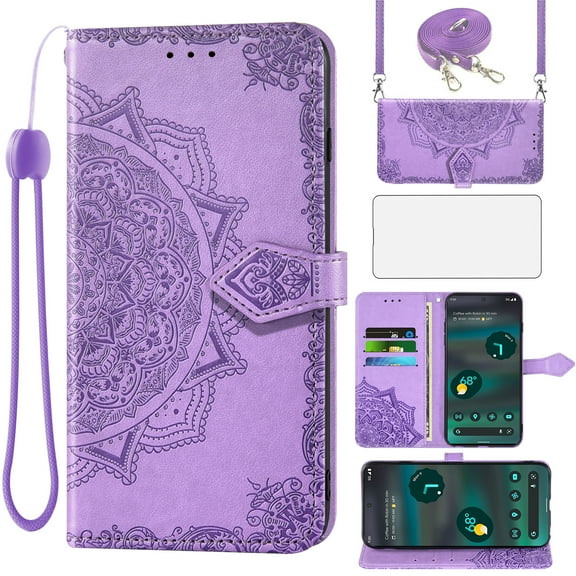 Asuwish Phone Case for Google Pixel 6A 5G 2022 Wallet Faux Cell Cover with Tempered Glass Screen Protector Flip Lanyard Wrist Strap Credit Card Holder Stand Mandala Flower Pixel6A A6 Women Men Purple