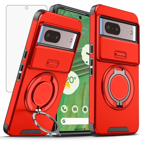 Asuwish Compatible with Google Pixel 7 5G Phone Case Slide Camera Cover Tempered Glass Screen Protector Stand Ring Holder Rugged Slim Cell for Pixel7 Pixle Seven 6.3 Women Men Red